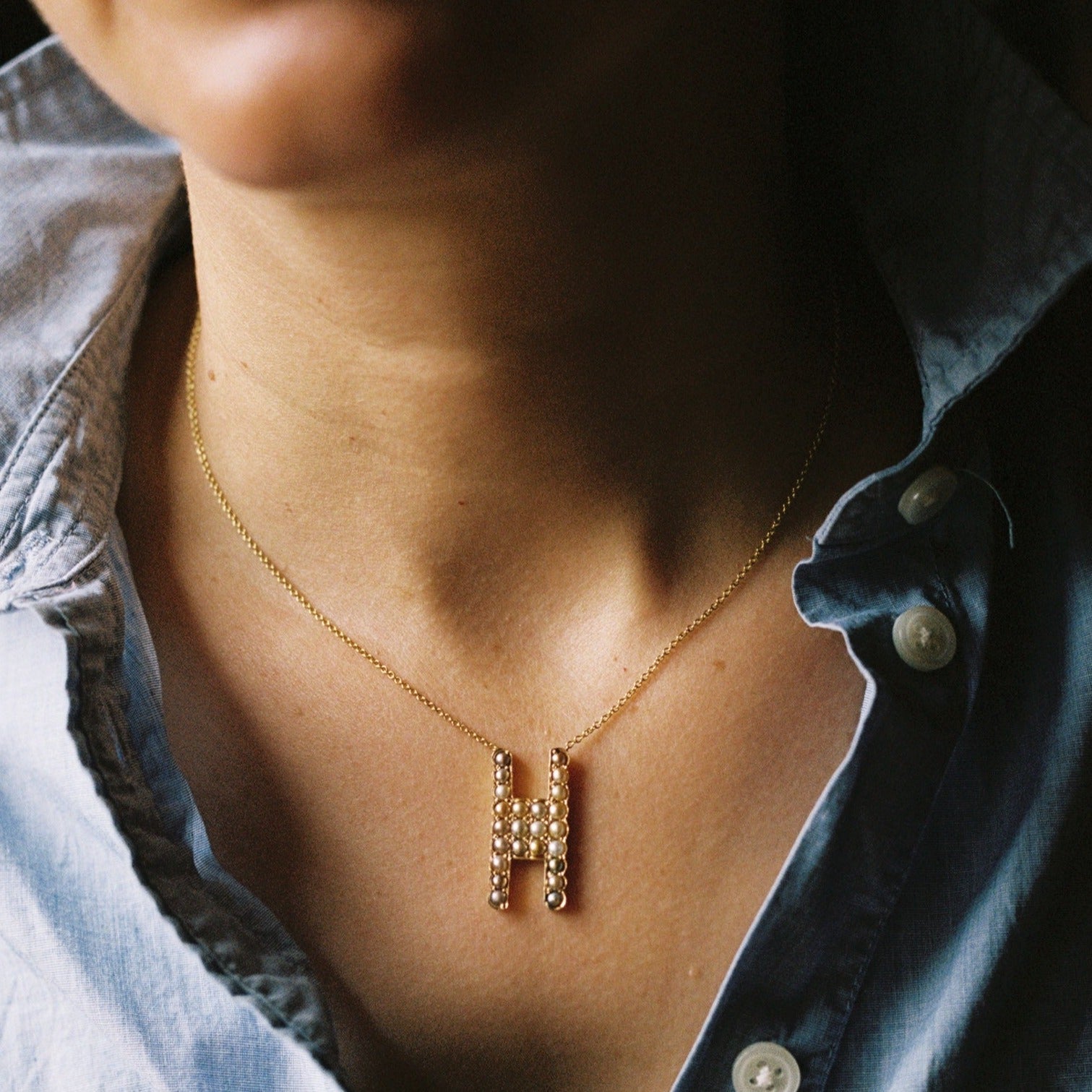 14k Gold Natural Pearl H Initial Necklace – Sarah Hendler