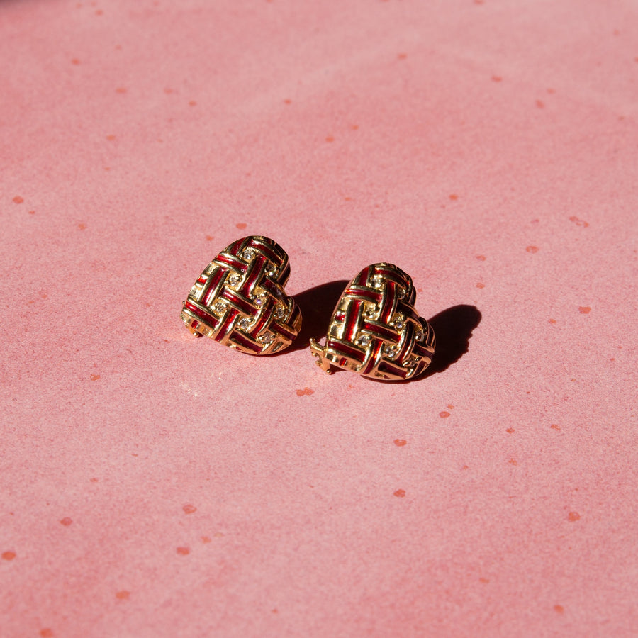 18k Gold Enamel and Dimond Heart Earrings