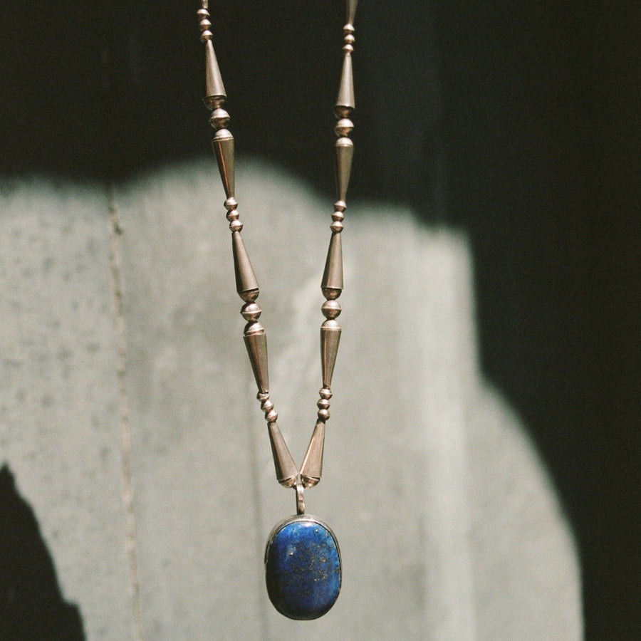Sterling Beaded Chain with XXL Lapis Cabochon