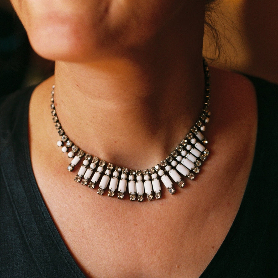 White Cigar Beads and Rhinestone Necklace