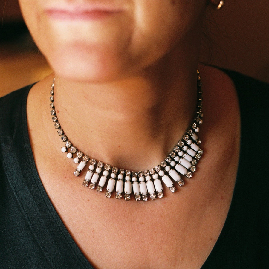 White Cigar Beads and Rhinestone Necklace