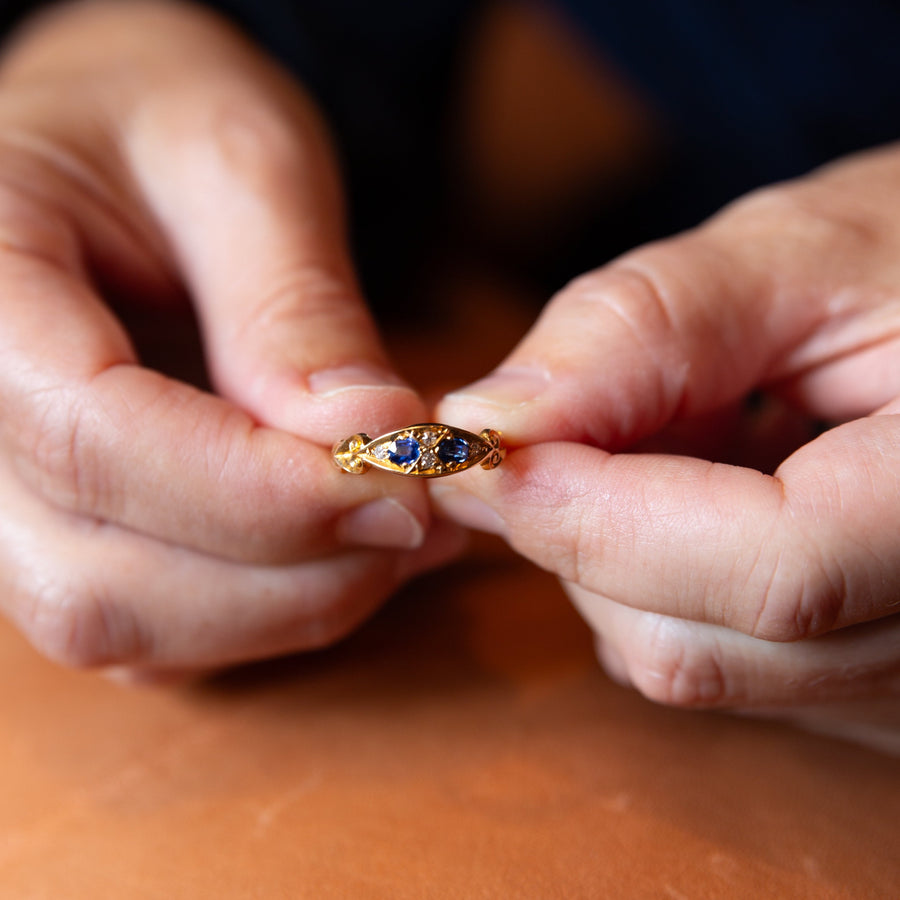 18k Gold Sapphire and Diamond Ring with Victorian Accents