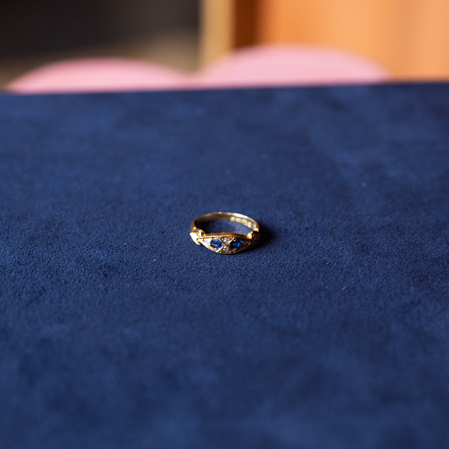18k Gold Sapphire and Diamond Ring with Victorian Accents
