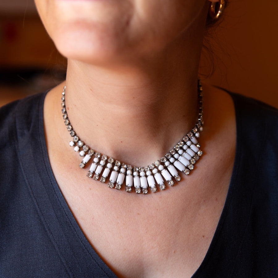 White Cigar Beads and Rhinestone Necklace