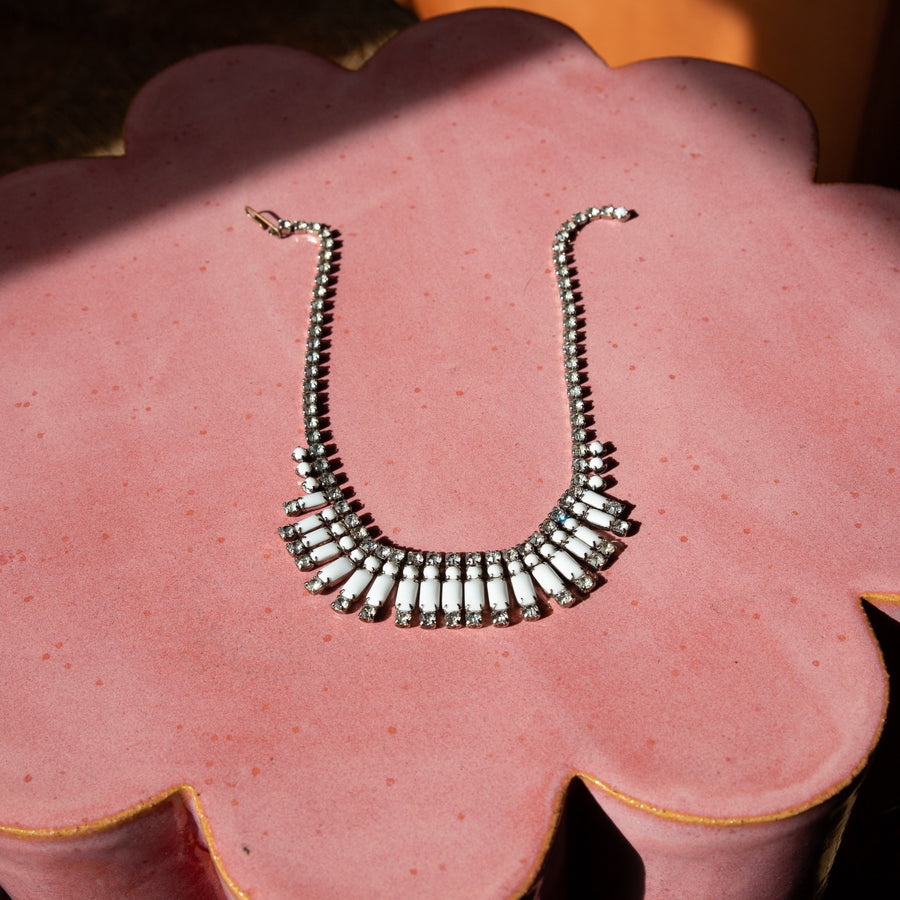 White Cigar Beads and Rhinestone Necklace