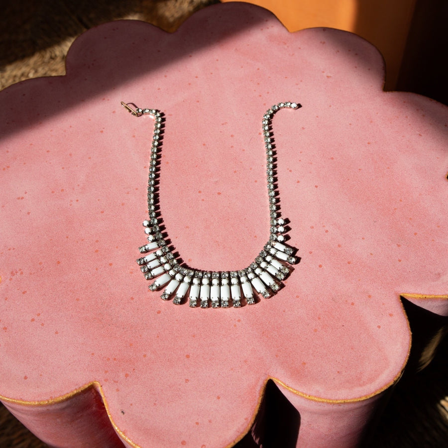 White Cigar Beads and Rhinestone Necklace