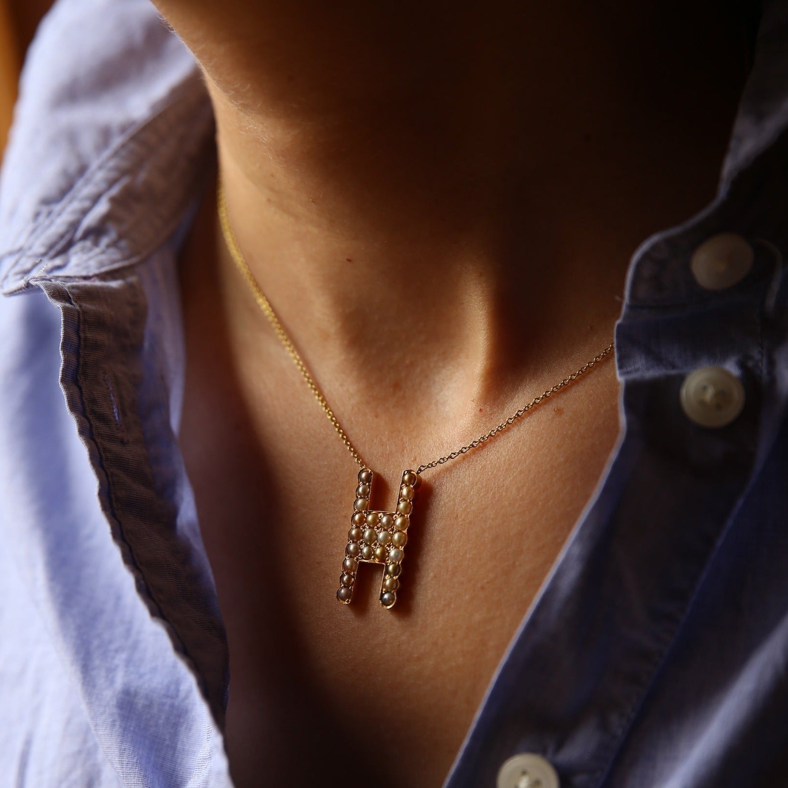 14k Gold Natural Pearl H Initial Necklace – Sarah Hendler
