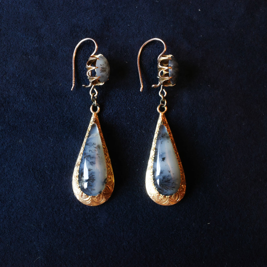 14k Victorian Tear Drop Dangles with Moss Agate Stones