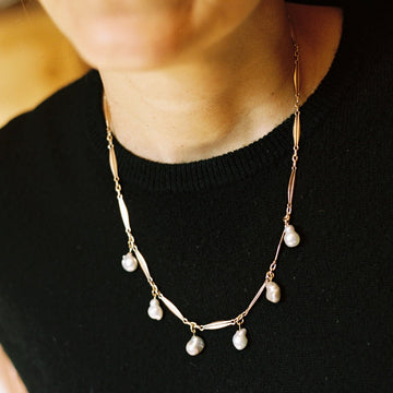 Rose Gold Paper-Clip Chain with Dangling Pearls