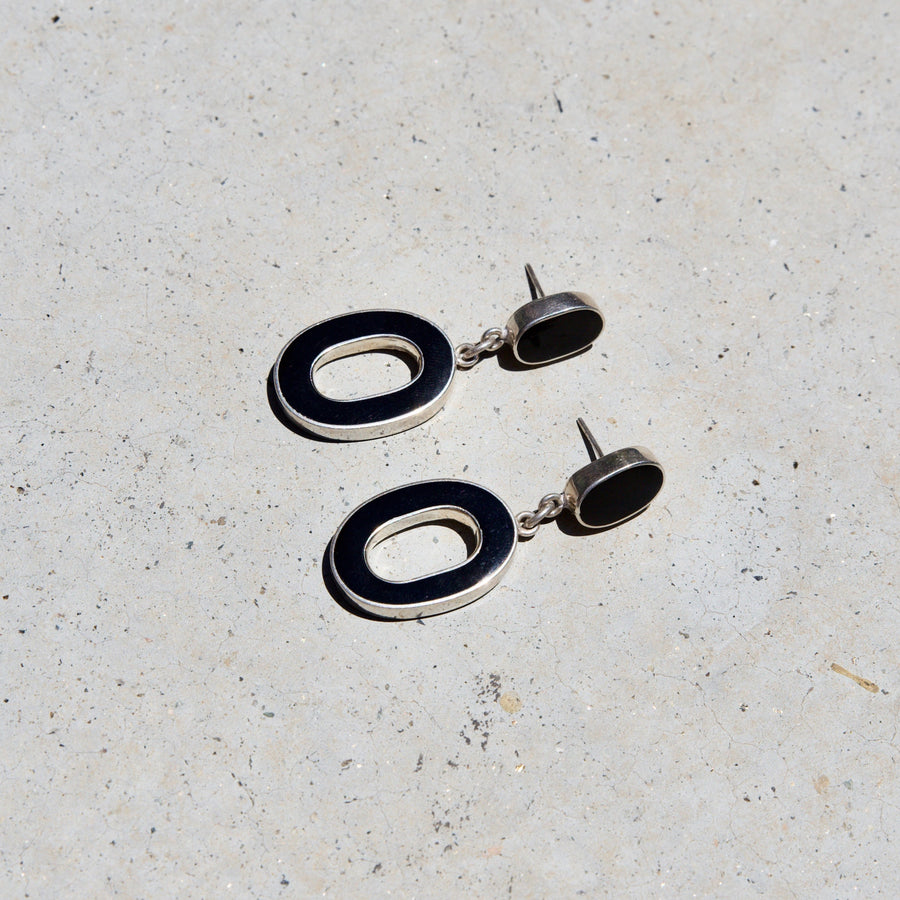 Taxco Made Onyx and Sterling Silver Earrings