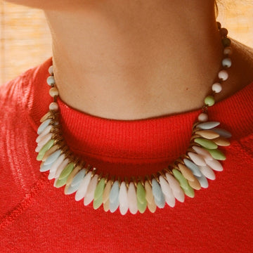 Brass and Pastel Feathered Bead Necklace
