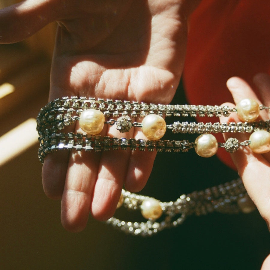Rhinestone and Faux Aged Pearl Extra Long Necklace