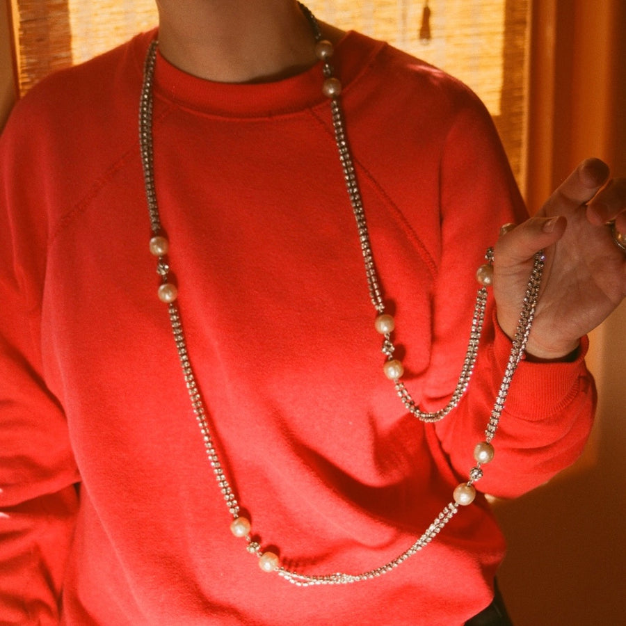 Rhinestone and Faux Aged Pearl Extra Long Necklace