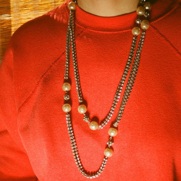 Rhinestone and Faux Aged Pearl Extra Long Necklace