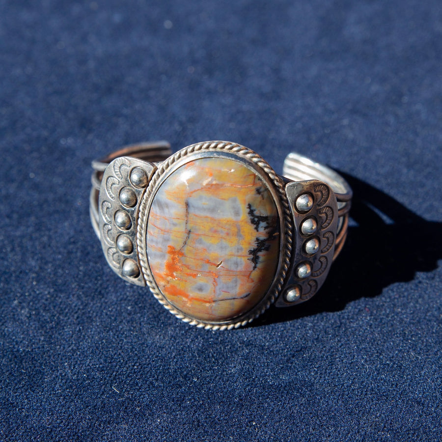 Etched Silver Cuff with Large Petrified Wood Cabochon