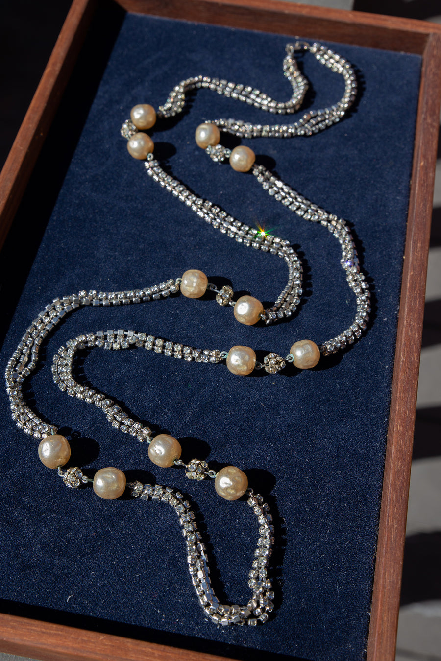 Rhinestone and Faux Aged Pearl Extra Long Necklace