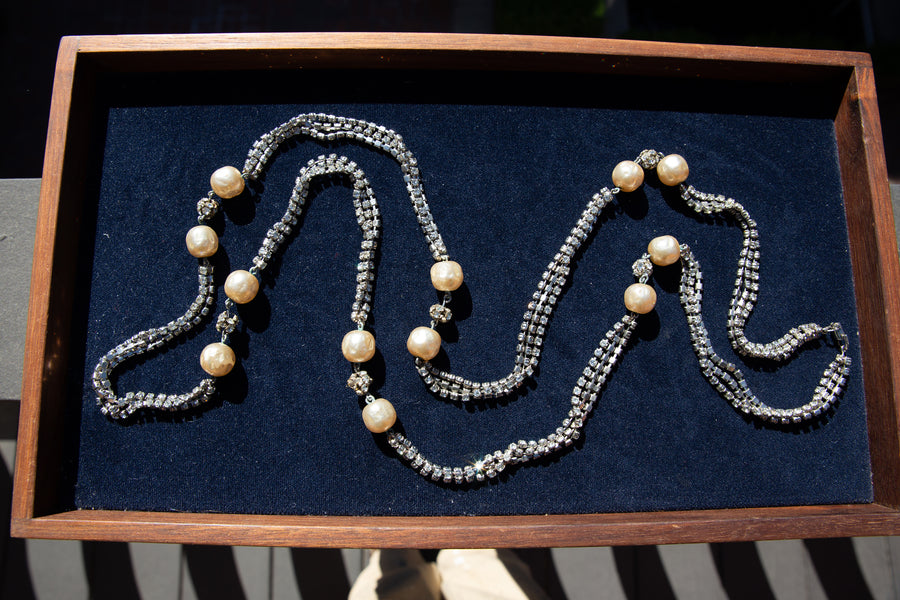 Rhinestone and Faux Aged Pearl Extra Long Necklace
