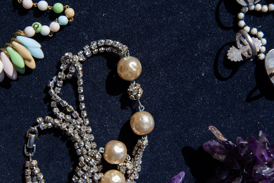 Rhinestone and Faux Aged Pearl Extra Long Necklace