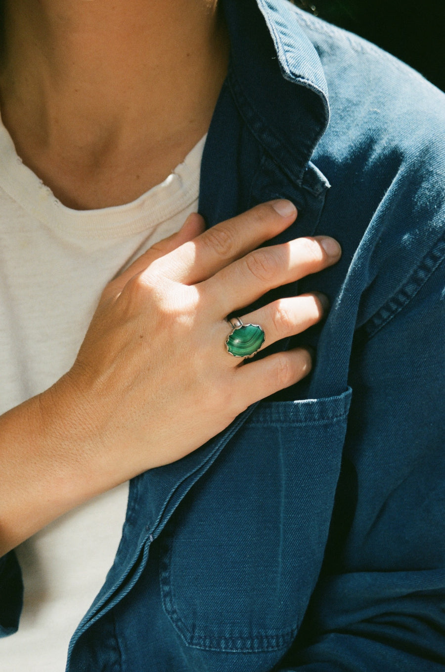 Sterling Wheat Trim Band with Malachite Stone