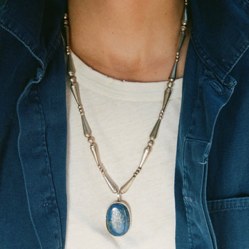 Sterling Beaded Chain with XXL Lapis Cabochon