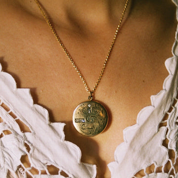 XXL Antique Gold Fill Locket with Rhinestones and Floral Etching