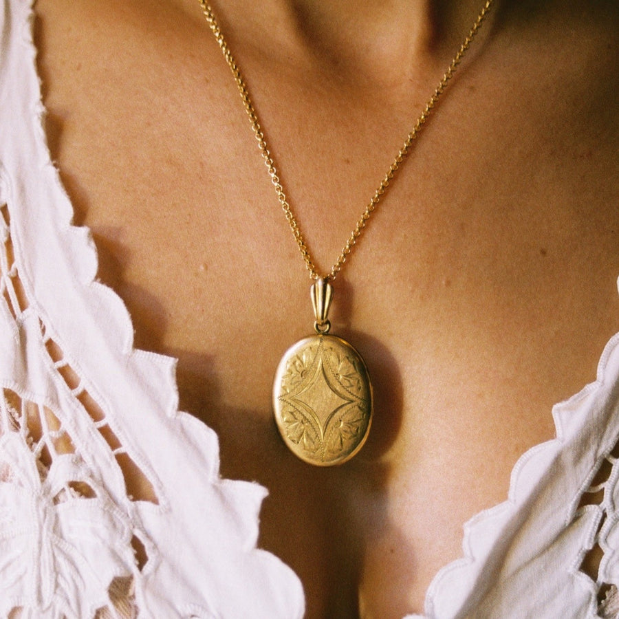 XXL Oval Gold Fill Locket with Etched Diamond Motif