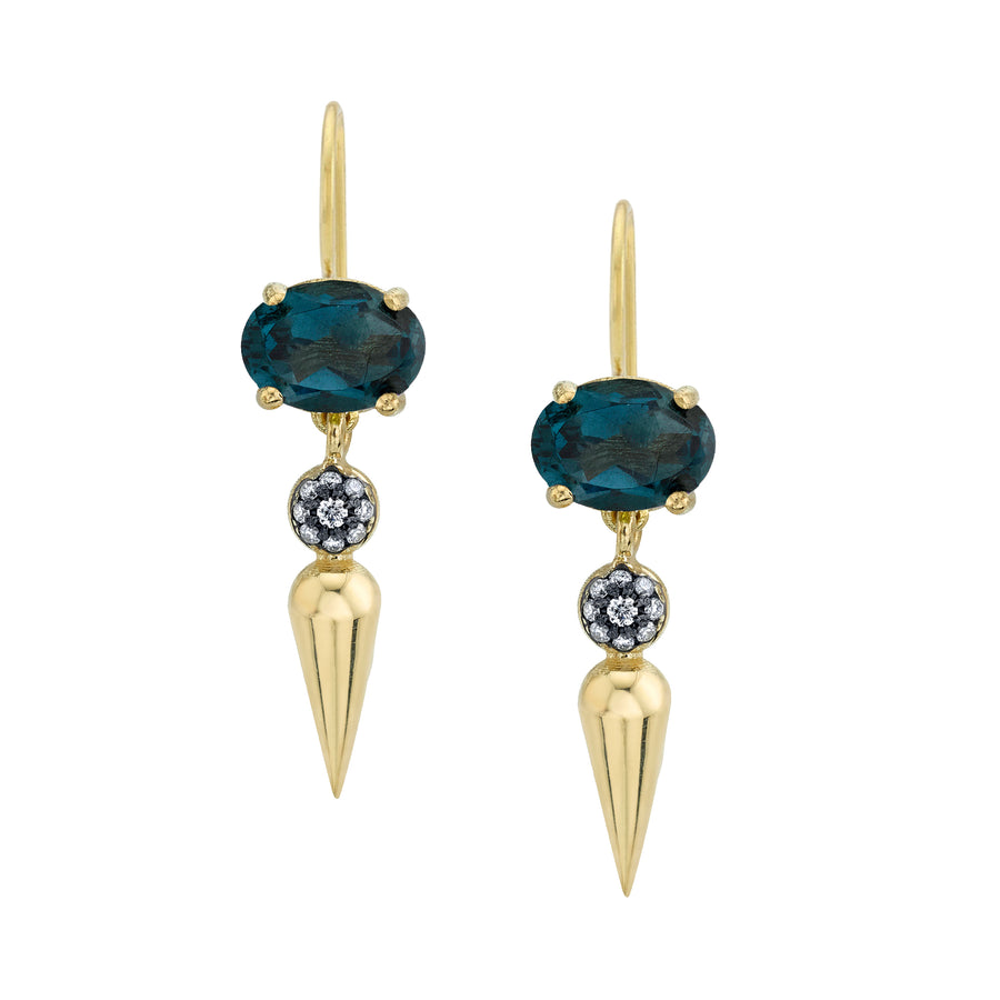 Pave Center Spear Dangle Studs With Custom Ear Wire - London Blue Topaz