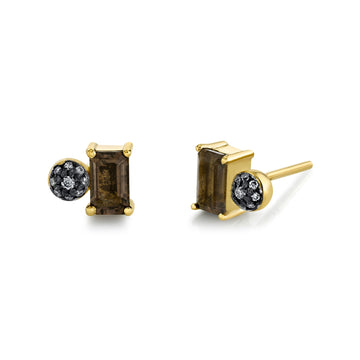 Single Emerald Cut Gemstone & Pave Ball Stud
