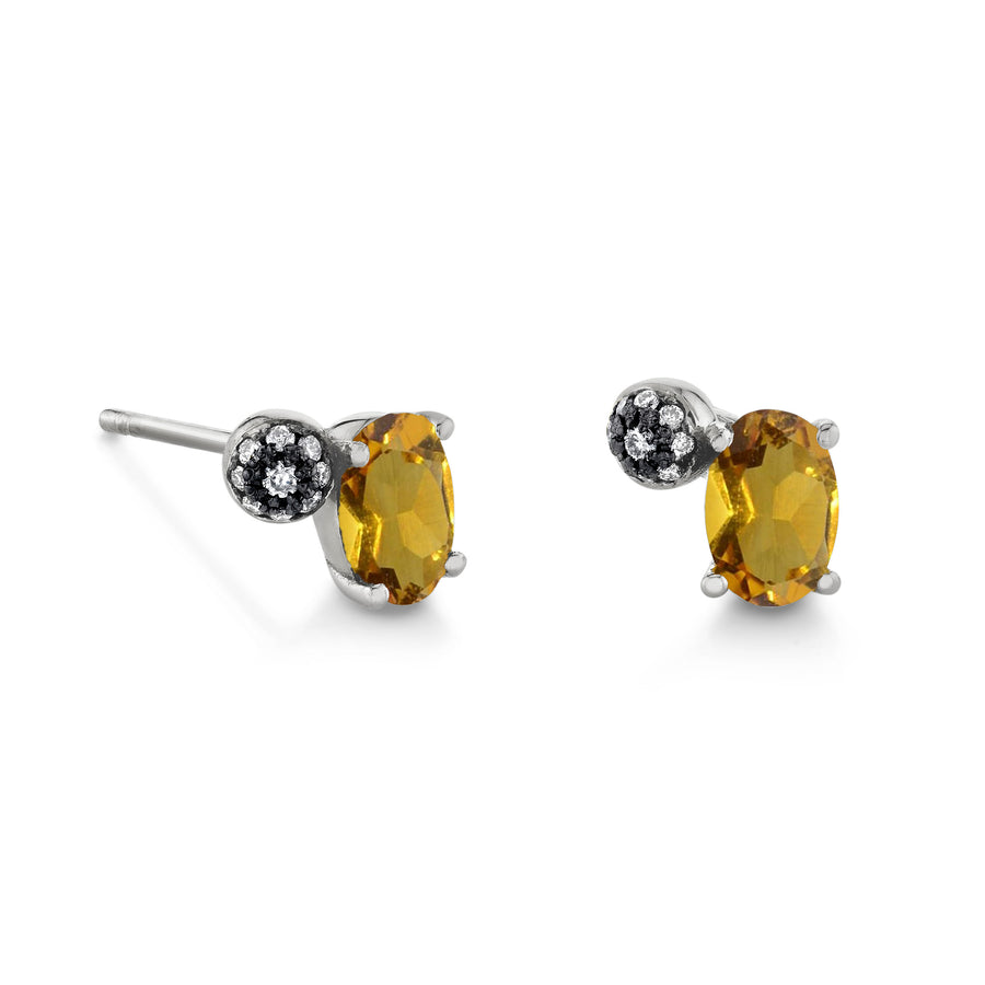 Single Oval Gemstone & Pave Ball Stud - Left