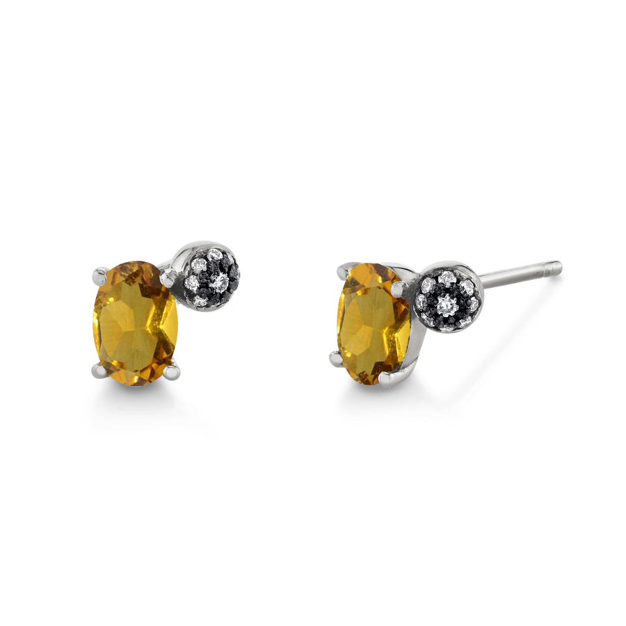 Single Oval Gemstone & Pave Ball Stud - Right