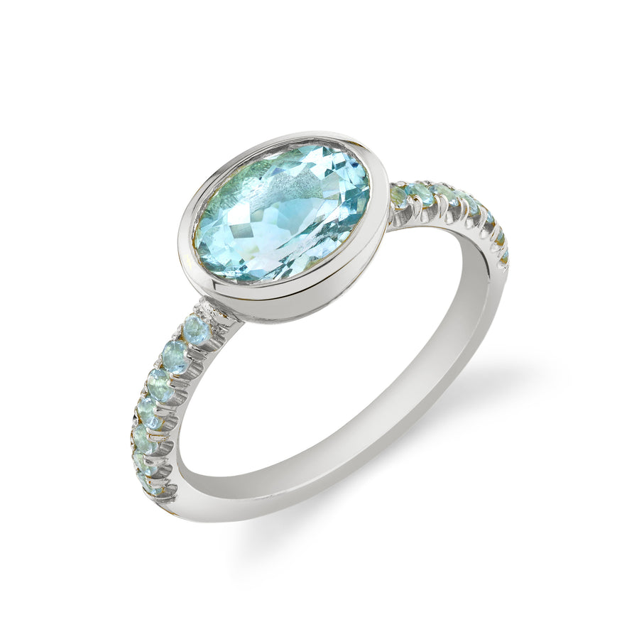 Pave Shirley Bezel Set Oval Cut Ring - Aquamarine