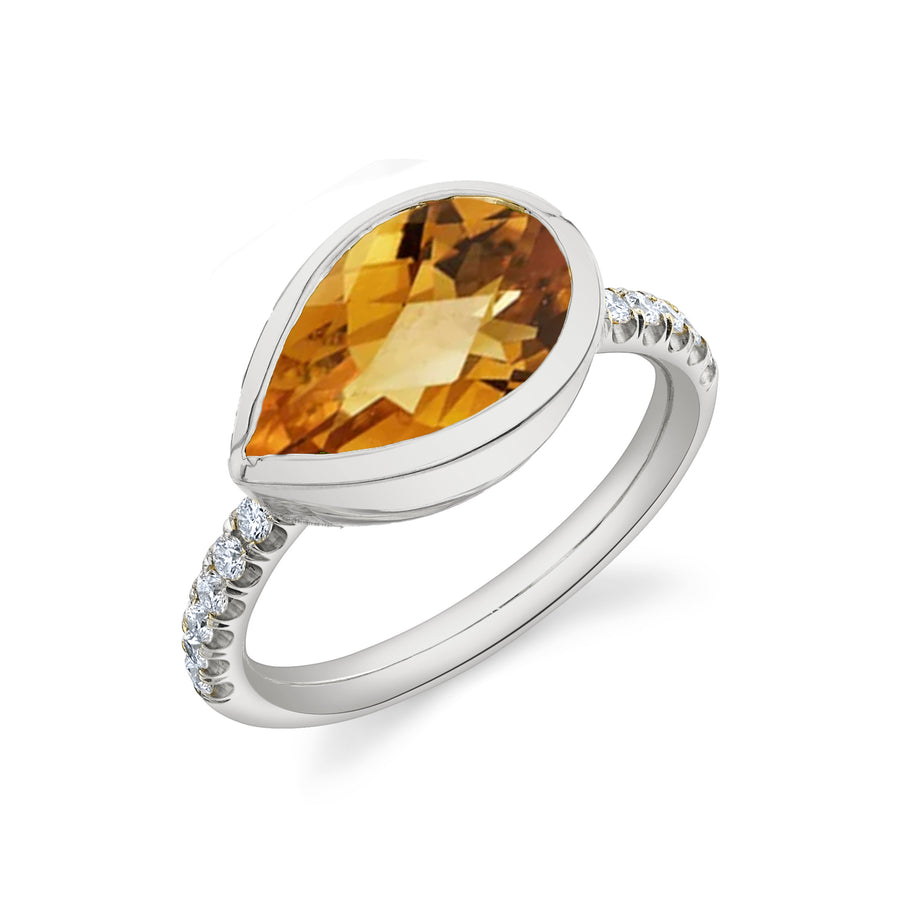 Pave Shirley Bezel Set Pear Cut Ring - Citrine/Diamond